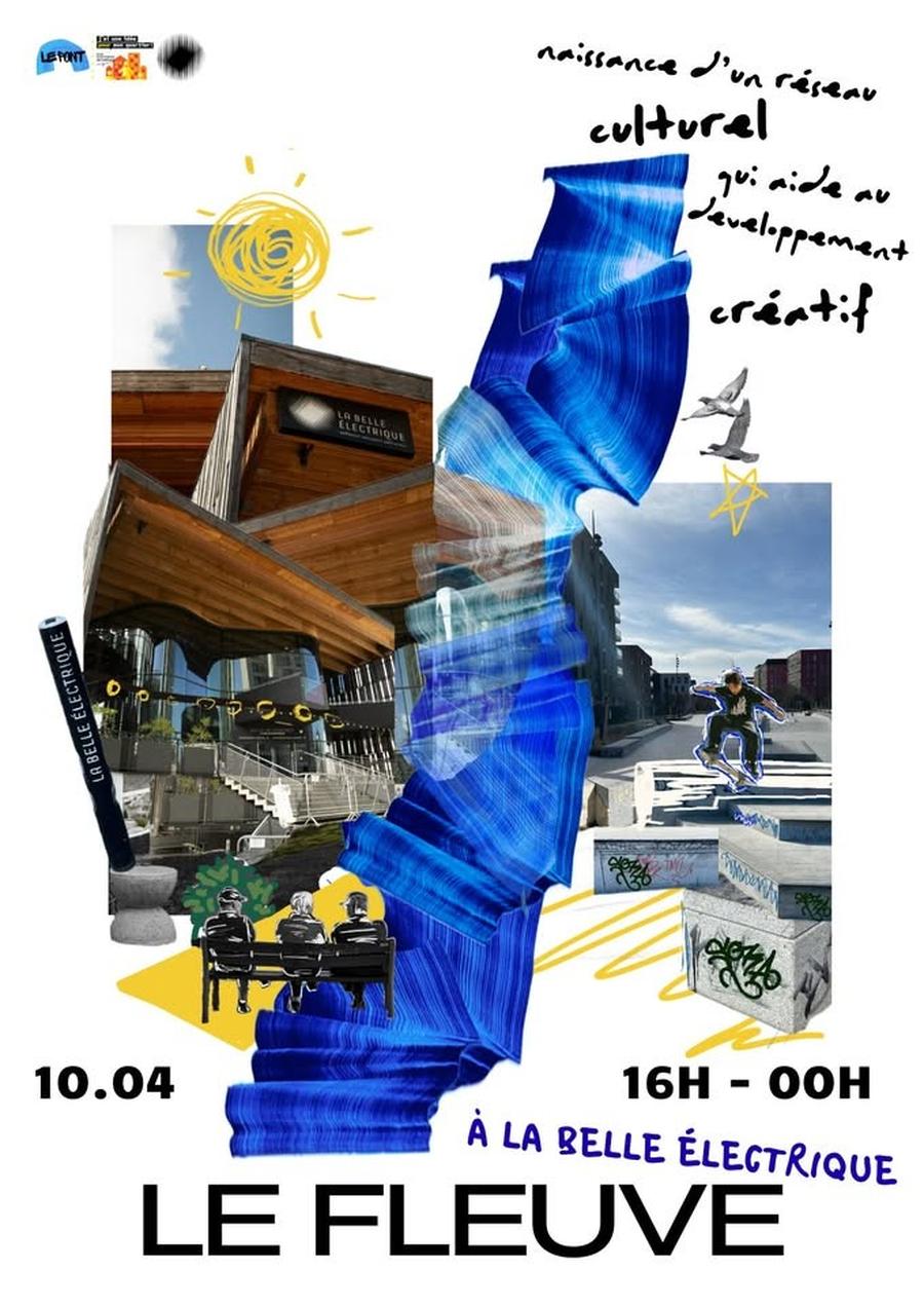 May be an image of ‎text that says '‎لجد LEFINT ERONT лaHaлa ٢،ر θλ 0و,م culturel ጥ aide Jeveloppement ν criatif 10.04 16- 16- ooH À LA BELLE ÉLECTRIQUE LE FLEUVE‎'‎